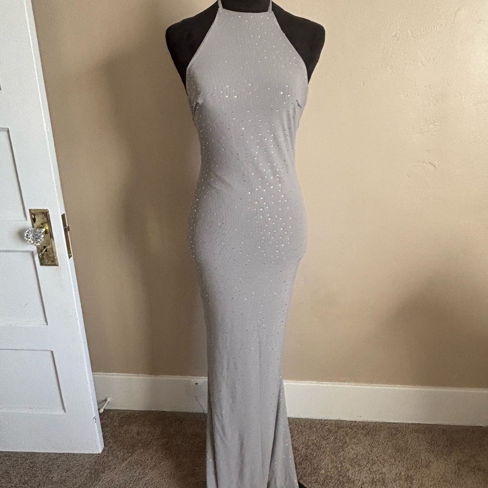 Meshki Silver Halter Maxi Dress